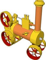 3D vector illustration of yellow and orange steam engine machine on white background