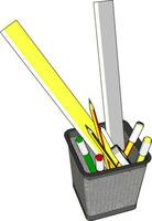 Wire pen cup with rulers and several pens and penciles vector illustration on white background