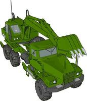 3D vector illustration on white background of green excavator machine