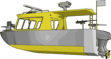 3D vector illustration on white background of a grey and yellow military boat