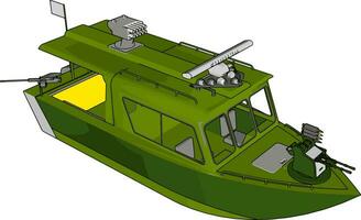 3D vector illustration on white background of a grey and green military boat