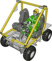 3D vector illustration of a worker driving yellow industrial transportation vehicle on a white background