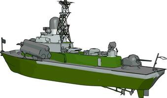 3D vector illustration on white background of a  green and grey military boat