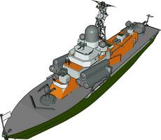 3D vector illustration on white background of a  green grey and orange military boat