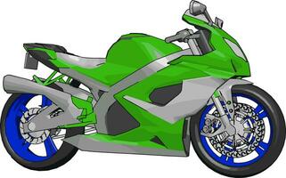 3D vector illustration on white background of a grey blue and green motorcycle