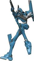 Robot azul con pistola, ilustración, vector sobre fondo blanco.