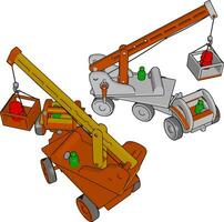 Red and white construction vehicles toy, illustration, vector on white background., illustration, vector on white background.