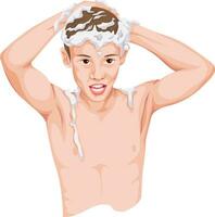 Vector of teenage boy shampooing his head.