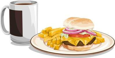 Vector of tea mug with burger meal.