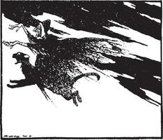 Before long the witch came by riding at a furious pace on a tom cat, vintage engraving. vector