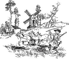 He tied them all together and drove them along till he came to a mill, vintage engraving. vector