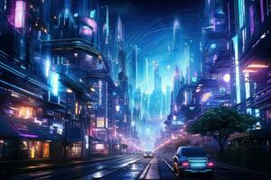 noche ciudad calle a noche con carros en el la carretera. 3d representación, espectacular Noche en cyberpunk ciudad de el futurista fantasía mundo caracteristicas rascacielos, volador carros, y neón, ai generado foto