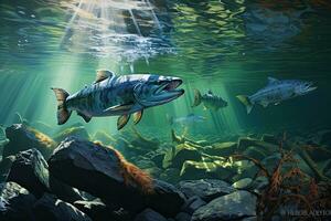 Big salmon swimming in the sea. 3D render. Underwater scene, spawning salmon in a beautiful river, AI Generated photo