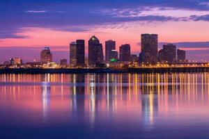 Boston Skyline at Dusk, Boston, Massachusetts, United States, Skyline of New Orleans with Mississippi River at Dusk, AI Generated photo