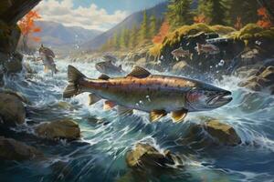 3D illustration of a salmon in the water with mountains in the background, spawning salmon in a beautiful river, AI Generated photo