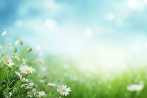 Green meadow with daisies and bokeh effect, spring background or summer background with fresh green, AI Generated photo