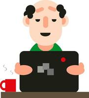 hombre frente a una computadora y café, icono, vector sobre fondo blanco.