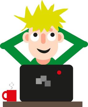 hombre frente a una computadora sueña, icono, vector sobre fondo blanco.