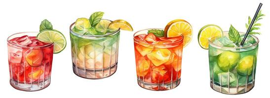 watercolor drawing, set of glasses with alcoholic drinks with ice. cocktails with fruits, berries and lequer. illustration in vintage style. AI generated photo