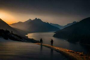 two people walking along a path in front of a mountain lake. AI-Generated photo