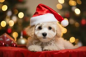 White Multipoo puppy in a Santa hat near the Christmas tree. Generative AI photo