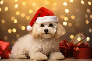 blanco multipoo perrito mentiras en un Papa Noel sombrero cerca rojo regalos para Navidad. generativo ai foto