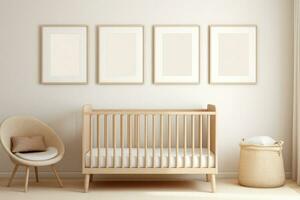 acogedor interior de un para niños dormitorio con pinturas en el muro, un sillón. .ai-generado contenido. foto