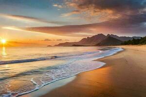 the sun sets on the beach in the background. AI-Generated photo