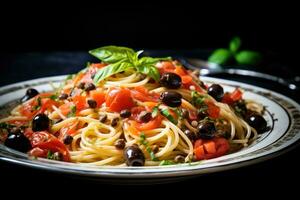 Spaghetti pasta with tomatoes, olives and basil on dark background, Spaghetti alla puttanesca - italian pasta dish with tomatoes, black olives, capers, anchovies and basil, AI Generated photo