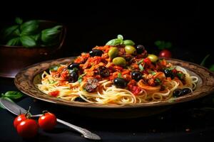 spaghetti with tomato sauce, olives and basil on a black background, Spaghetti alla puttanesca - italian pasta dish with tomatoes, black olives, capers, anchovies and basil, AI Generated photo