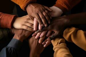 grupo de diverso personas participación manos juntos en negro fondo, de cerca, apilar de manos demostración unidad y trabajo en equipo, ai generado foto