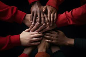 grupo de diverso joven personas unión manos en un circulo en negro fondo, apilar de manos demostración unidad y trabajo en equipo, ai generado foto