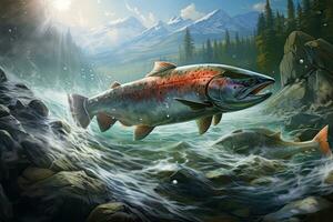 Fantasy illustration of a trout in the middle of the river, spawning salmon in a beautiful river, AI Generated photo