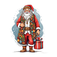 Santa dressed like a hippie, with Christmas gifts, a Christmas theme, illustration,  T-shirt design, vector, white background, full-view png