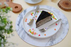 Piece of homemade chocolate crepes cake on a white plate photo