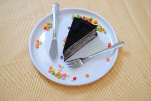 Piece of homemade chocolate crepes cake on a white plate photo