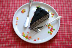 Piece of homemade chocolate crepes cake on a white plate photo