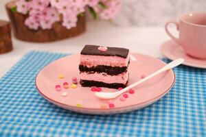 Piece of chocolate cake on pink plate as a background photo