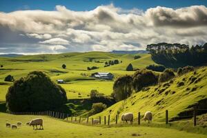 oveja pasto en un verde prado en el campo de nuevo zelanda, nuevo zelanda, norte isla, waikato región. rural paisaje cerca matamata, ai generado foto