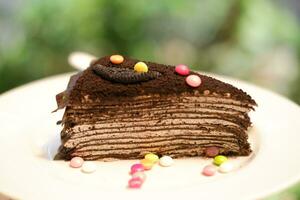 Piece of homemade chocolate crepes cake on a white plate photo