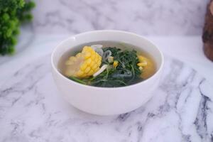 Sayur Bening Daun kelor jagung or Moringa Oleifera clear soup with sweet corn served in bowl photo
