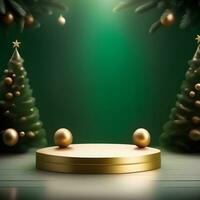 christmas-red-texture-and-podium-on-and-golden-balls-green-tree-golden-podium-three--small-podium on december photo