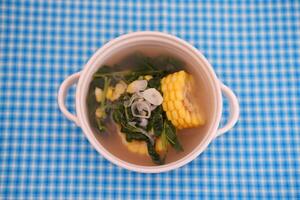 Sayur Bening Daun kelor jagung or Moringa Oleifera clear soup with sweet corn served in bowl photo