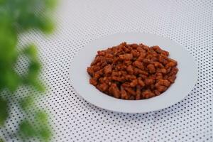 Orek tempe or Sauteed Tempeh is a typical Indonesian cuisine with herbs, garlic, onion, chilli and soy sauce. It tastes delicious photo