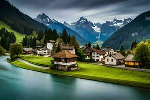 a river runs through a green valley with houses and mountains in the background. AI-Generated photo