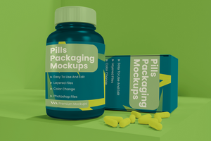 Supplement bottle and box plastic mockup psd