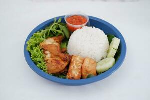 Ayam penyet a East Javanese cuisine smashed fried chicken dish with floss sambal slices of cucumbers fried tofu and tempeh photo