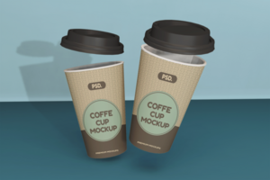 Coffee cups in gravity mockup psd