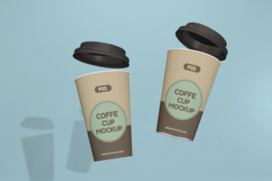 Coffee cups in gravity mockup psd