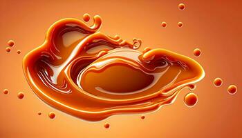 Delicious melted caramel texture. Flow, wave and drops splash caramels sauce. Sweet food design background. Generative AI photo